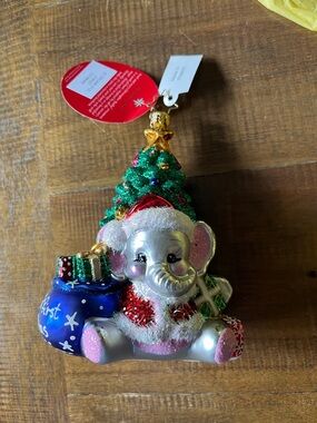 Christopher Radko  baby’s first Christmas Silver Elephant Ornament with tree NEW